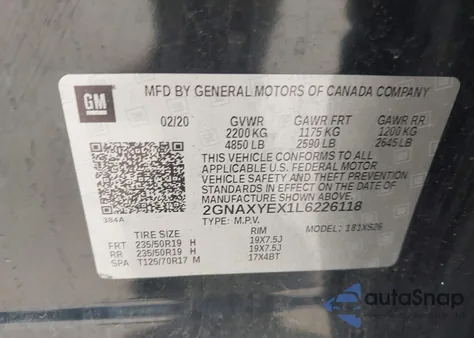 2020 Chevrolet Equinox Premier z USA, uszkodzony, nr VIN 2GNAXYEX1L6226118